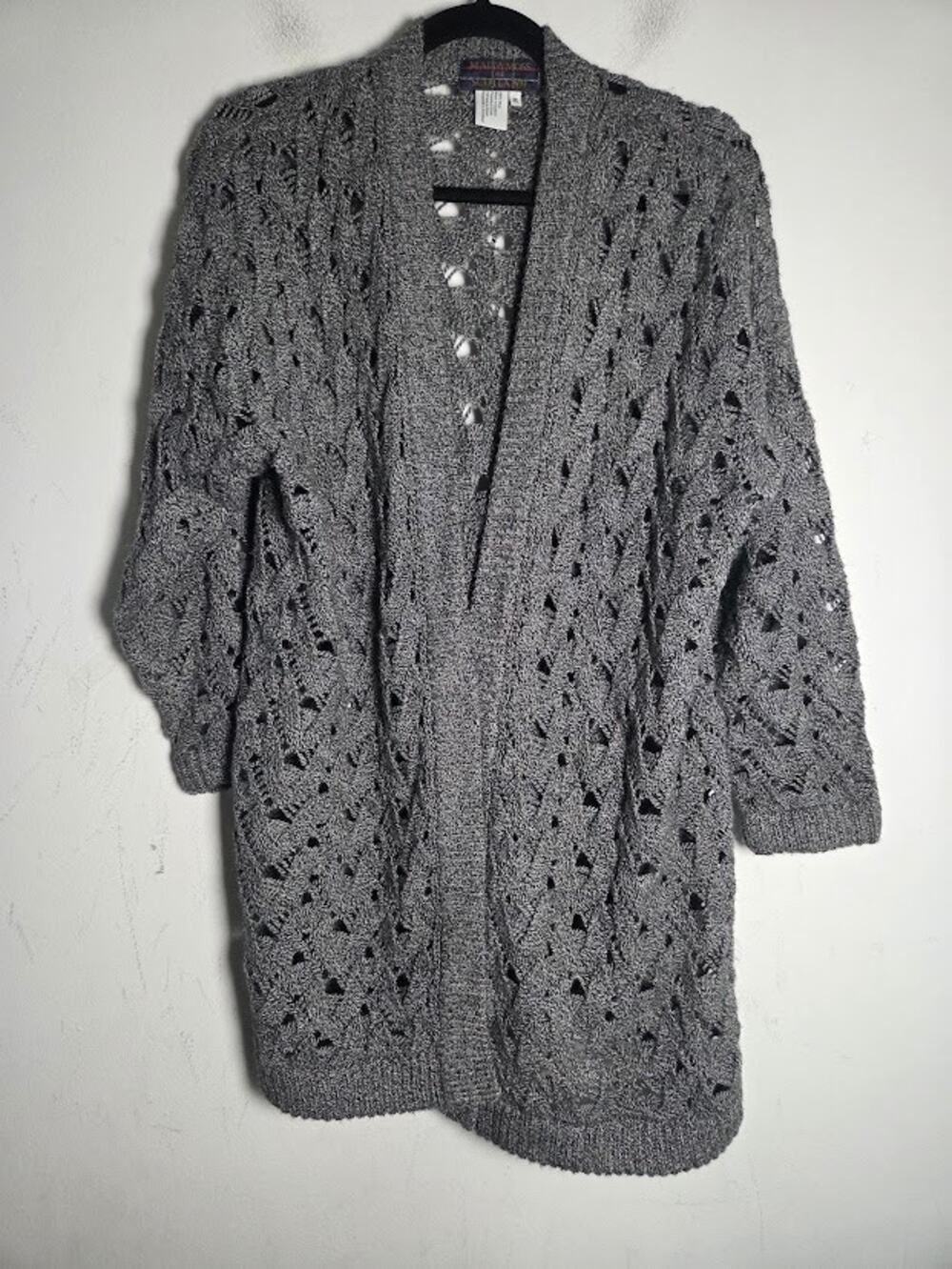 Maddy Moss of Scotland Grey Open Knit 100% Wool Open Cardigan Sweater sz Medium
